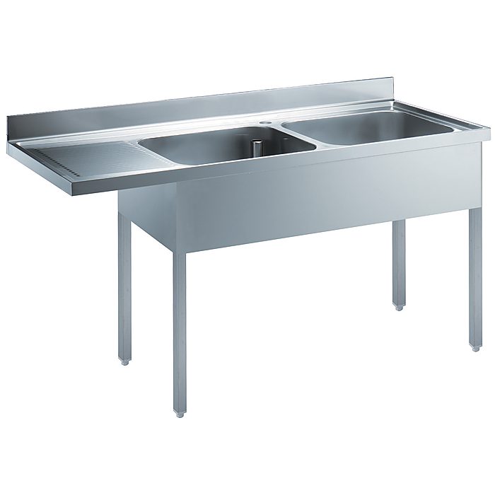 Preparazione Statica StandardLavatoio con 2 vasche e gocciolatoio sinistro, per lavastoviglie sottotavolo, da 1800 mm