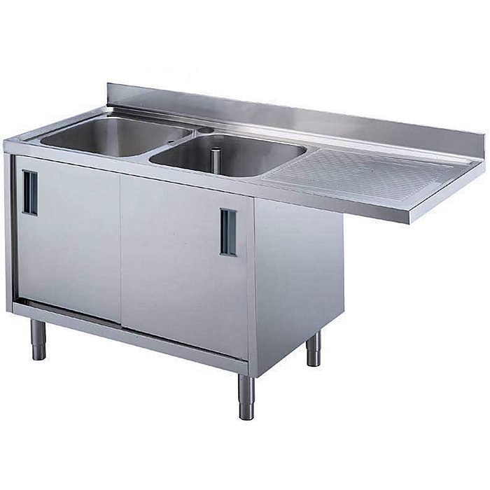 Preparazione StaticaLavatoio armadiato con 2 vasche e gocciolatoio destro, per lavastoviglie sottotavolo, da 1800 mm