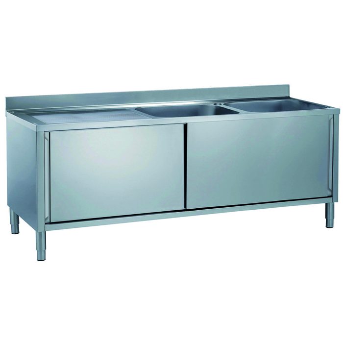 Preparazione Statica StandardLavatoio armadiato con 2 vasche, gocciolatoio sinistro e 2 porte scorrevoli, da 1800 mm