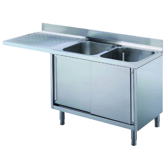 Preparazione StaticaLavatoio armadiato con 2 vasche e gocciolatoio sinistro, per lavastoviglie sottotavolo, da 1800 mm