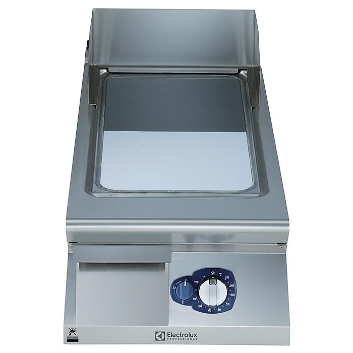 Gamma cottura modulareFry top a gas con piastra liscia e inclinata, in acciaio al cromo lucidato
